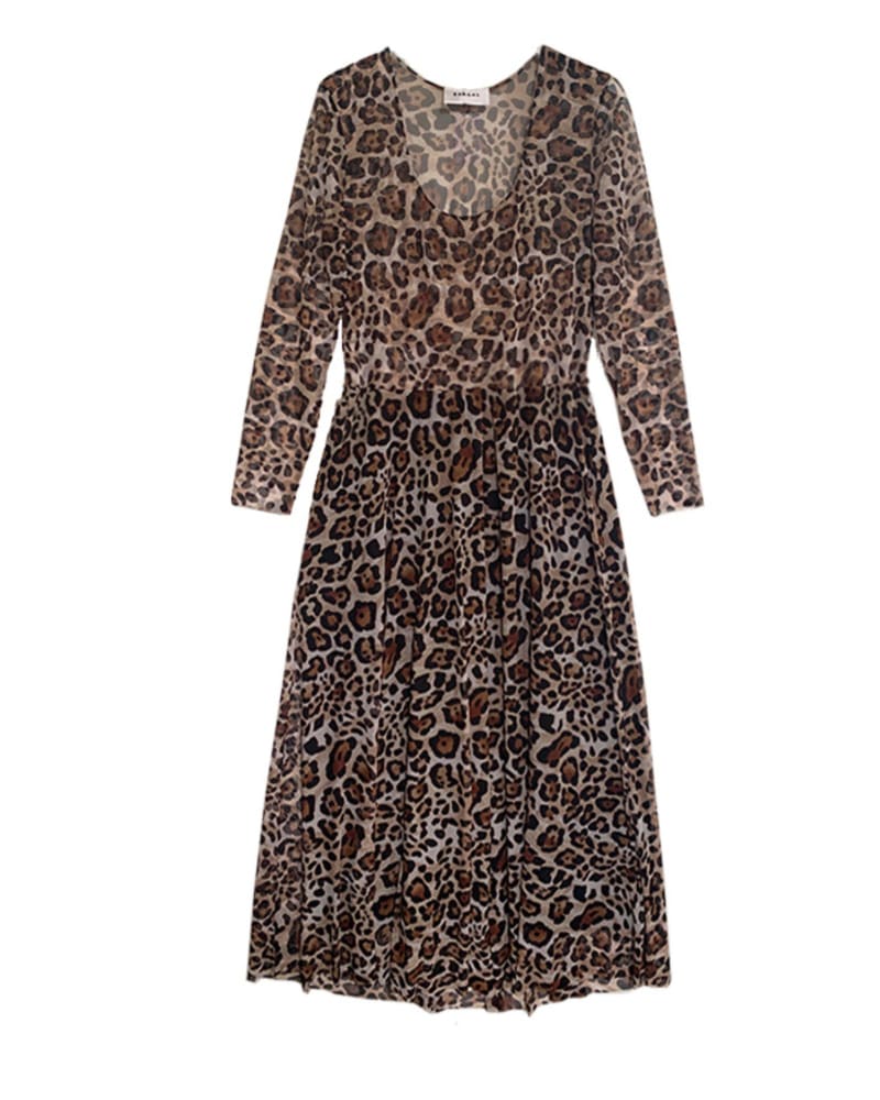 Front of a size 3 The Graham Mesh Midi Dress in Leopard in leopard by BAACAL. | dia_product_style_image_id:323993